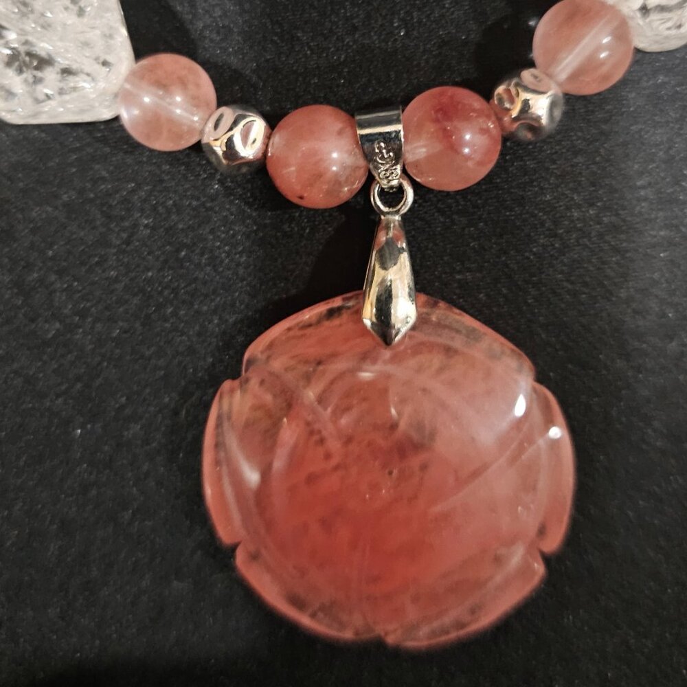 Hand Crafted Cherry Quartz Beads and Carved Cherry Quartz Pendant Necklace - Picture 4 of 9